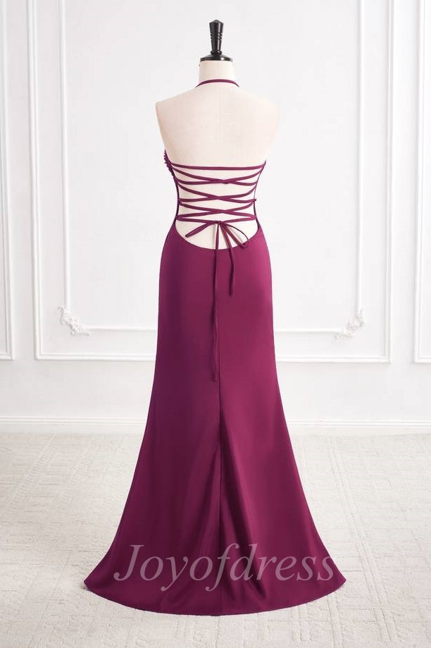 V-Neck Lace Up Satin Beaded Long Mermaid Party Prom Dress