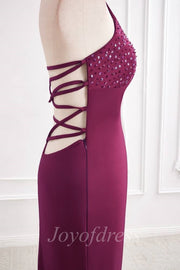 V-Neck Lace Up Satin Beaded Long Mermaid Party Prom Dress