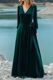 V-Neck Long Sleeves A-Line Dark Green Velvet Bridesmaid Dress