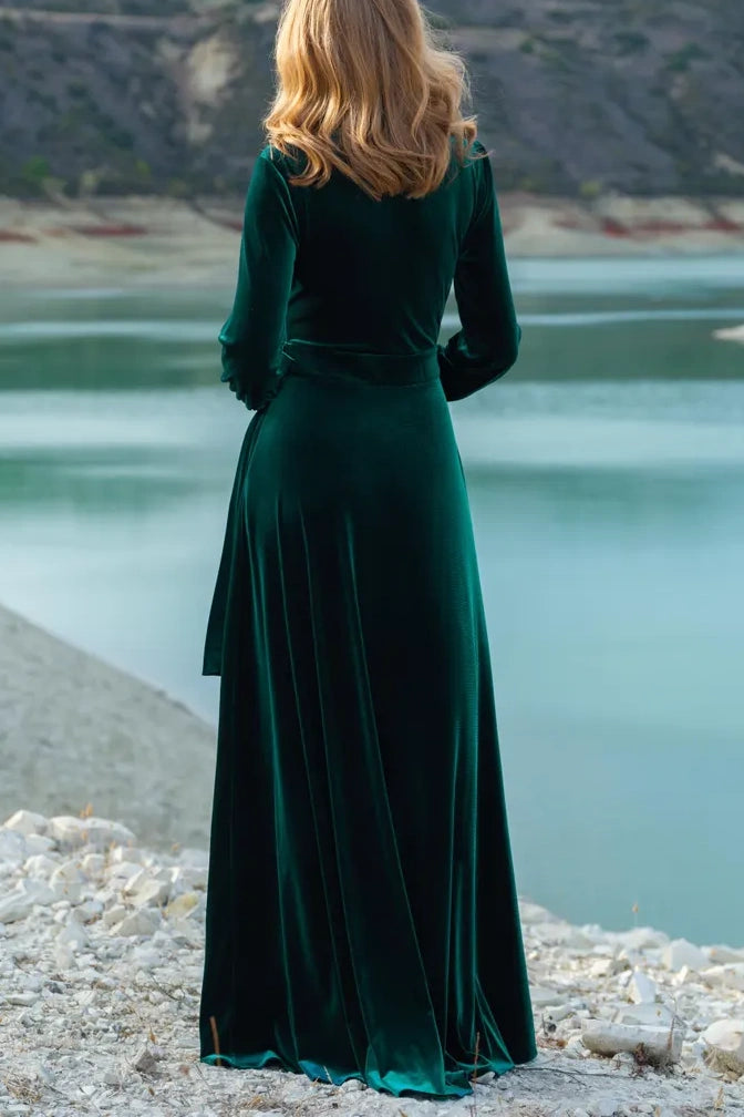 V-Neck Long Sleeves A-Line Dark Green Velvet Bridesmaid Dress