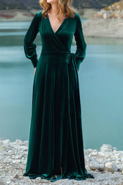 V-Neck Long Sleeves A-Line Dark Green Velvet Bridesmaid Dress