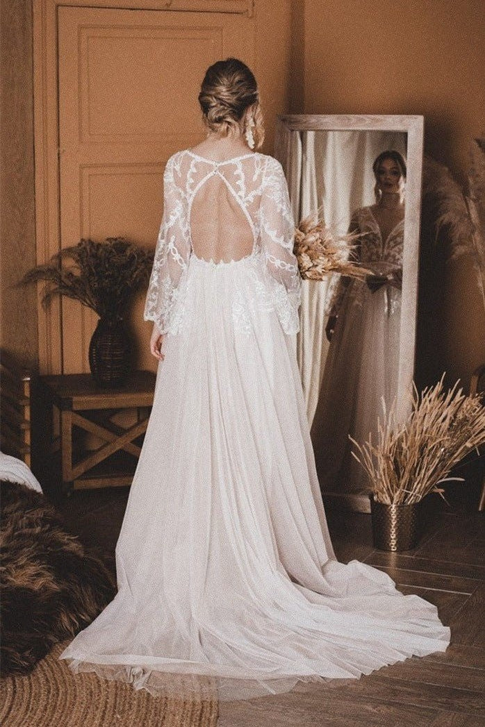 V-Neck Long Sleeves A-Line Two Tone Wedding Dress