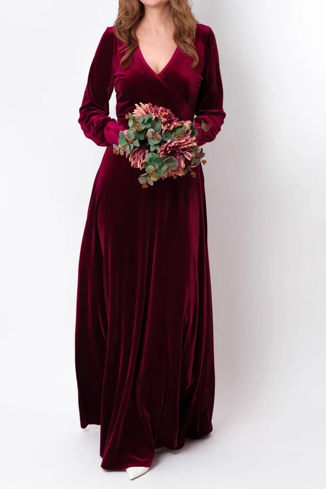 V-Neck Long Sleeves A-Line Velvet Dress