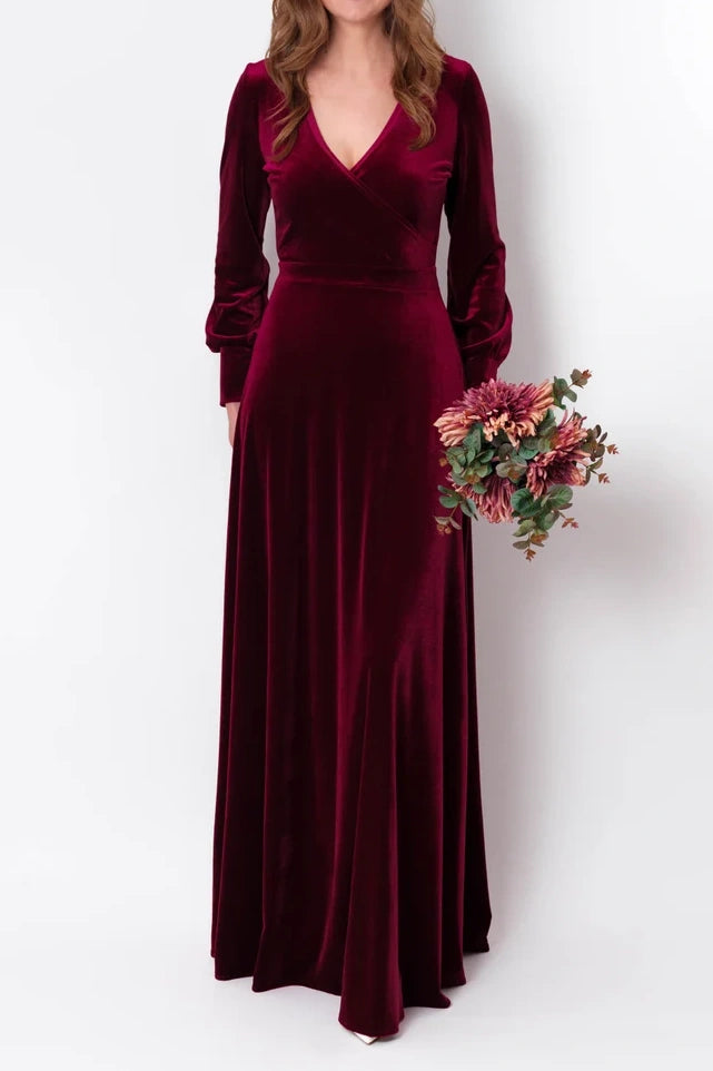 V-Neck Long Sleeves A-Line Velvet Dress