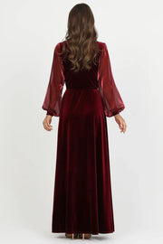 V-Neck Long Sleeves Burgundy A-Line Velvet Dress