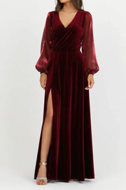 V-Neck Long Sleeves Burgundy A-Line Velvet Dress