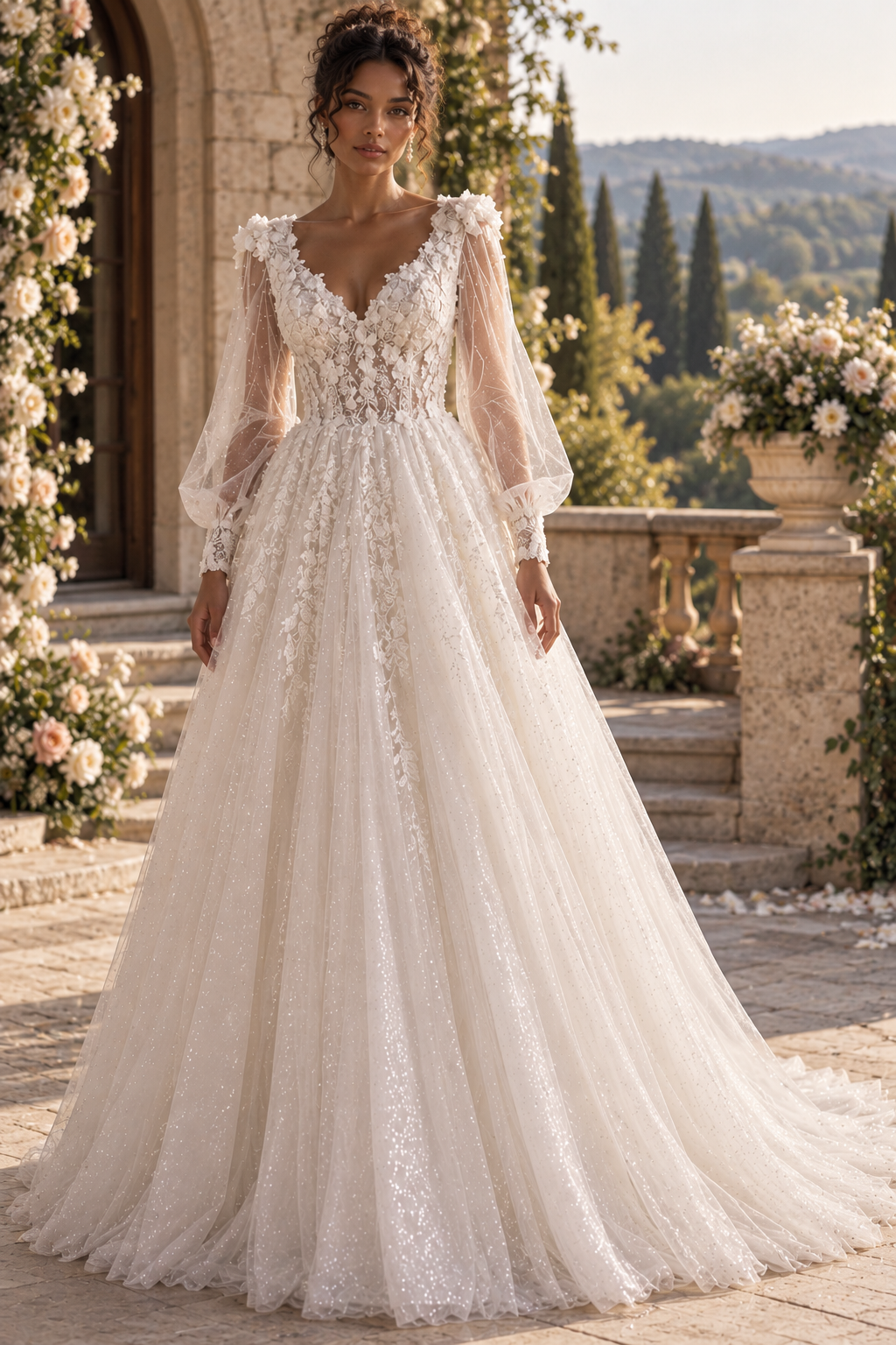 V-Neck Long Sleeves Sparkly Tulle A-Line Lace Wedding Dress