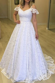 V-Neck Off-Shoulder A-Line Long Lace Wedding Dress