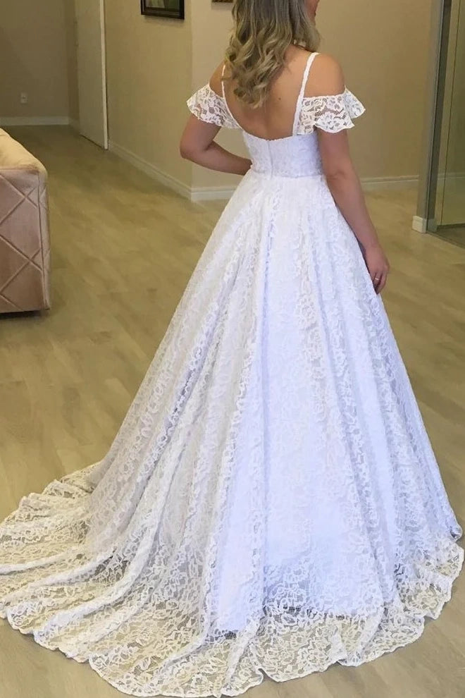 V-Neck Off-Shoulder A-Line Long Lace Wedding Dress