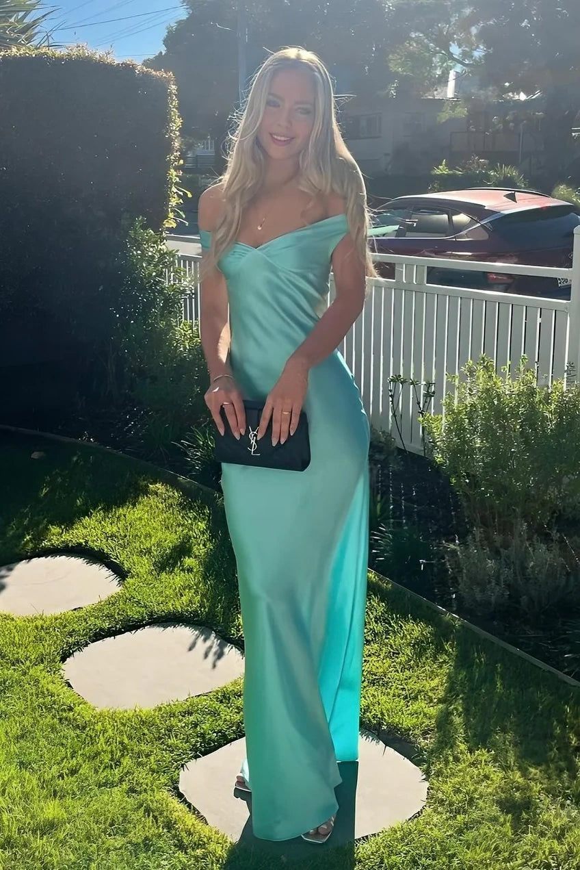 V-Neck Off-Shoulder Satin Fitted Long Party Prom Dress