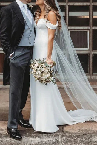 V-Neck Off-Shoulder Satin Trumpet Long Wedding Dress White / US 6 V-Neck Off-Shoulder Satin Trumpet Long Wedding Dress White / US 6
