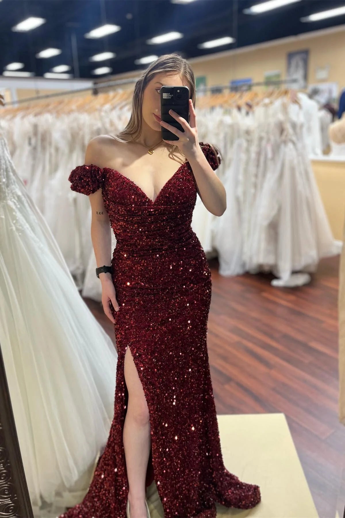 V-Neck Off-Shoulder Trumpet Empire Sequins Prom Dress