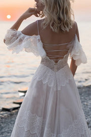 V-Neck Off-Shoulder Tulle A-Line Lace Up Boho Wedding Dress