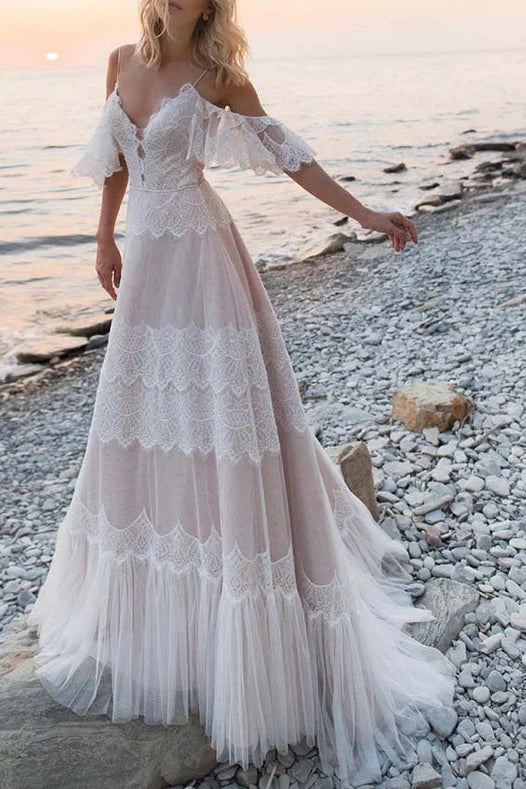 V-Neck Off-Shoulder Tulle A-Line Lace Up Boho Wedding Dress Ivory / US 14