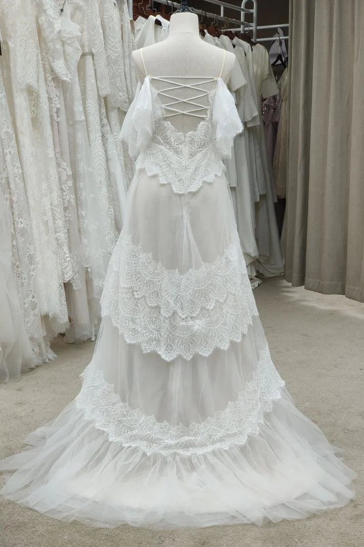 V-Neck Off-Shoulder Tulle A-Line Lace Up Boho Wedding Dress White / US 16 V-Neck Off-Shoulder Tulle A-Line Lace Up Boho Wedding Dress White / US 16