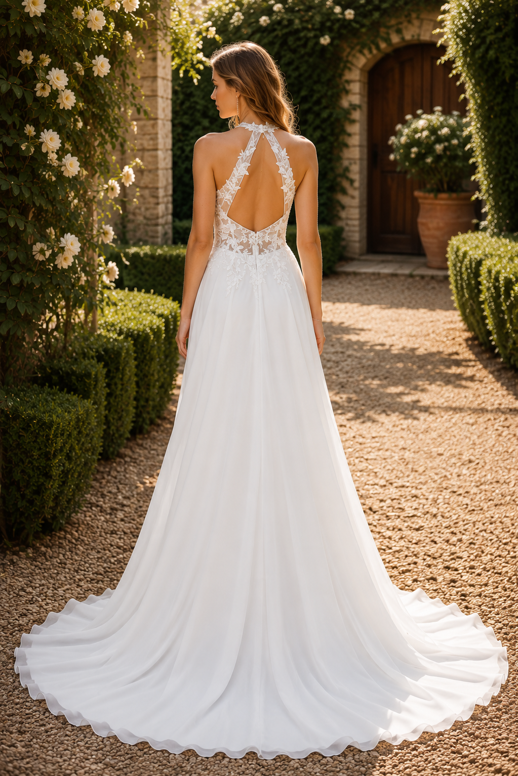 V-Neck Open Back Lace Appliques Chiffon Split Weddding Dress