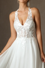 V-Neck Open Back Lace Appliques Chiffon Split Weddding Dress