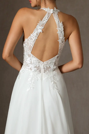 V-Neck Open Back Lace Appliques Chiffon Split Weddding Dress