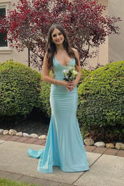 V-Neck Open Back Satin Mermaid Party Prom Dress