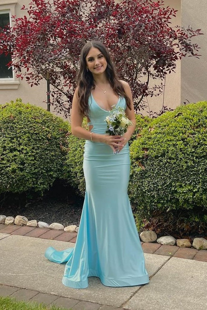 V-Neck Open Back Satin Mermaid Party Prom Dress