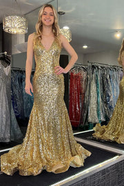 V-Neck Open Back Sequins Mermaid Party Prom Dress