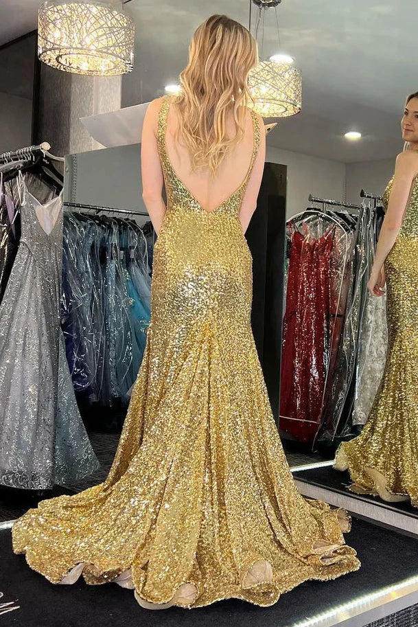 V-Neck Open Back Sequins Mermaid Party Prom Dress