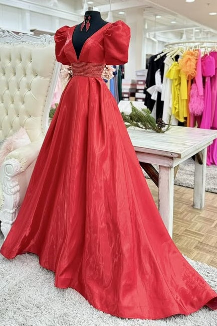 V-Neck Puff Sleeves Beaded Empire Party Prom Dress