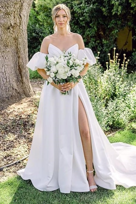 V-Neck Puff Sleeves Satin A-Line Empire Wedding Dress
