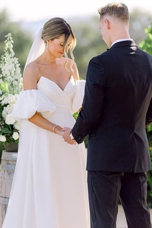 V-Neck Puff Sleeves Satin A-Line Empire Wedding Dress
