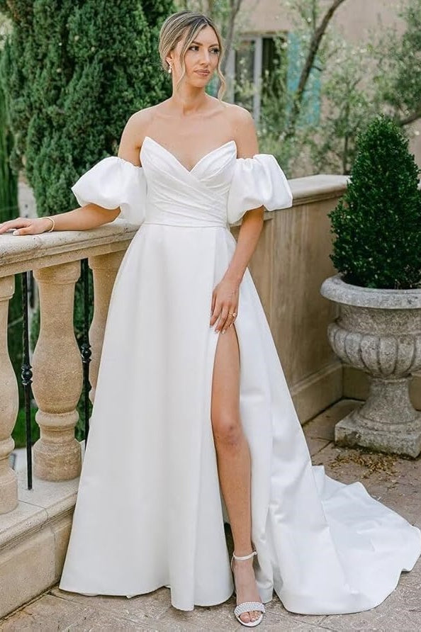 a line wedding dress with puff sleeves V-Neck Puff Sleeves Satin A-Line Empire Wedding Dress White / US 4