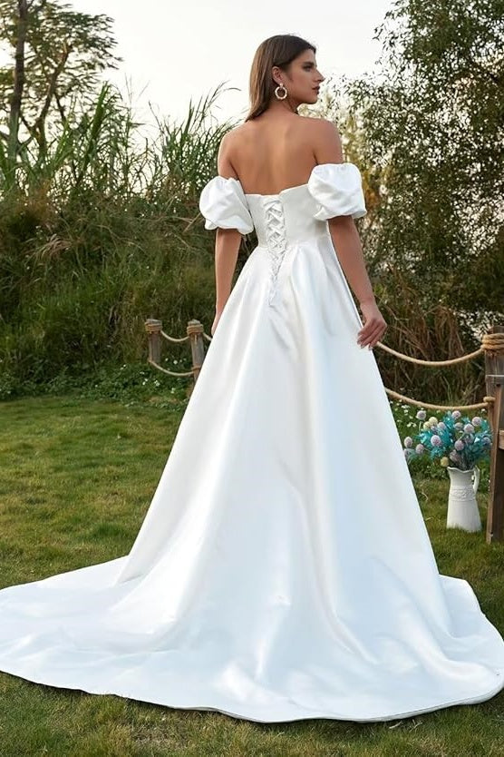 V-Neck Puff Sleeves Satin A-Line Empire Wedding Dress