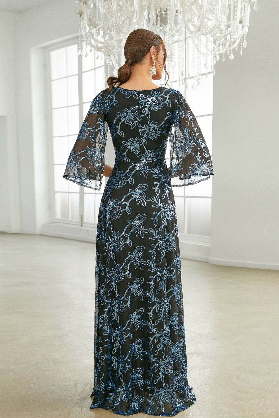 V-Neck Quarter Sleeves A-Line Floor-Length Chiffon Party Prom Dress