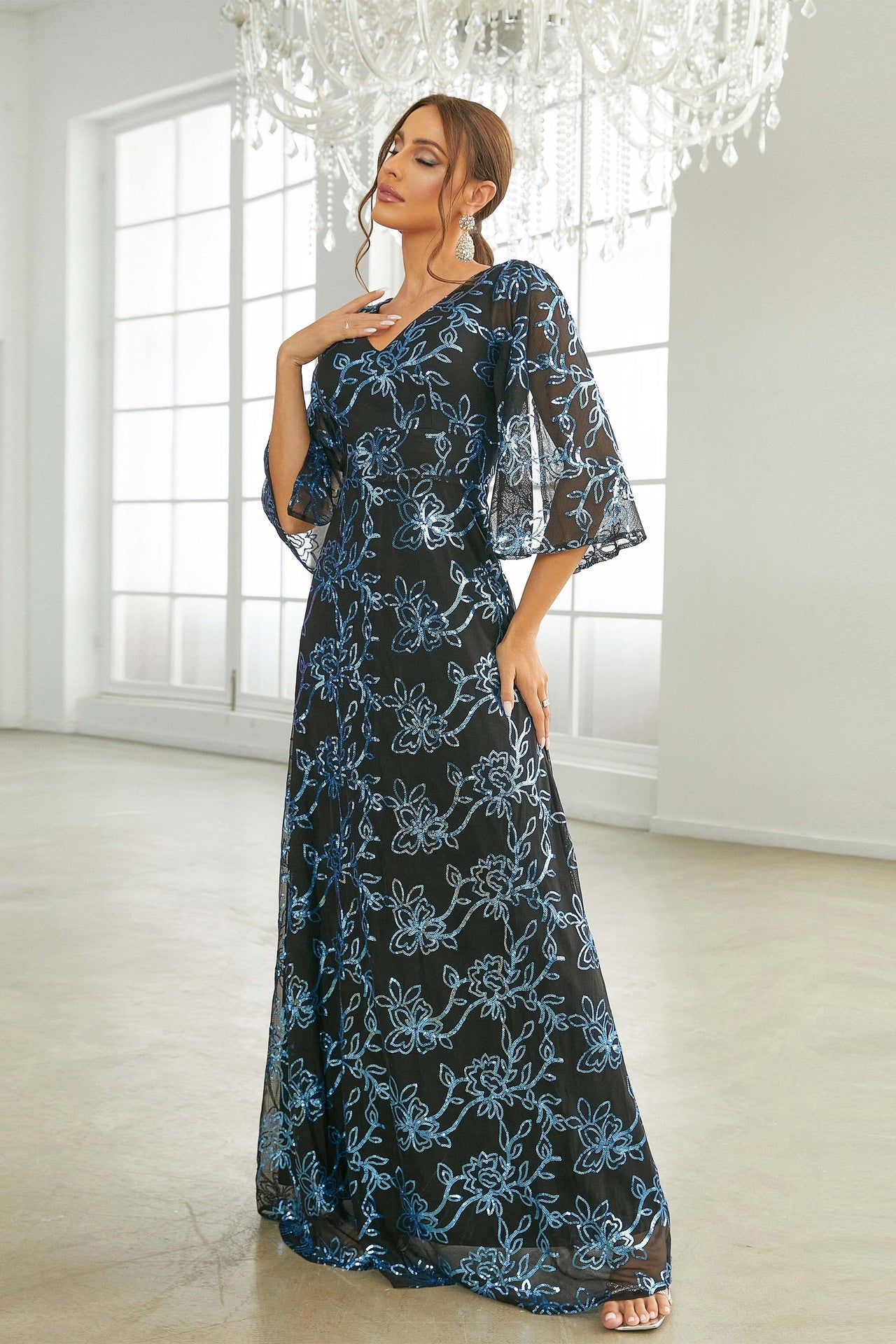 V-Neck Quarter Sleeves A-Line Floor-Length Chiffon Party Prom Dress