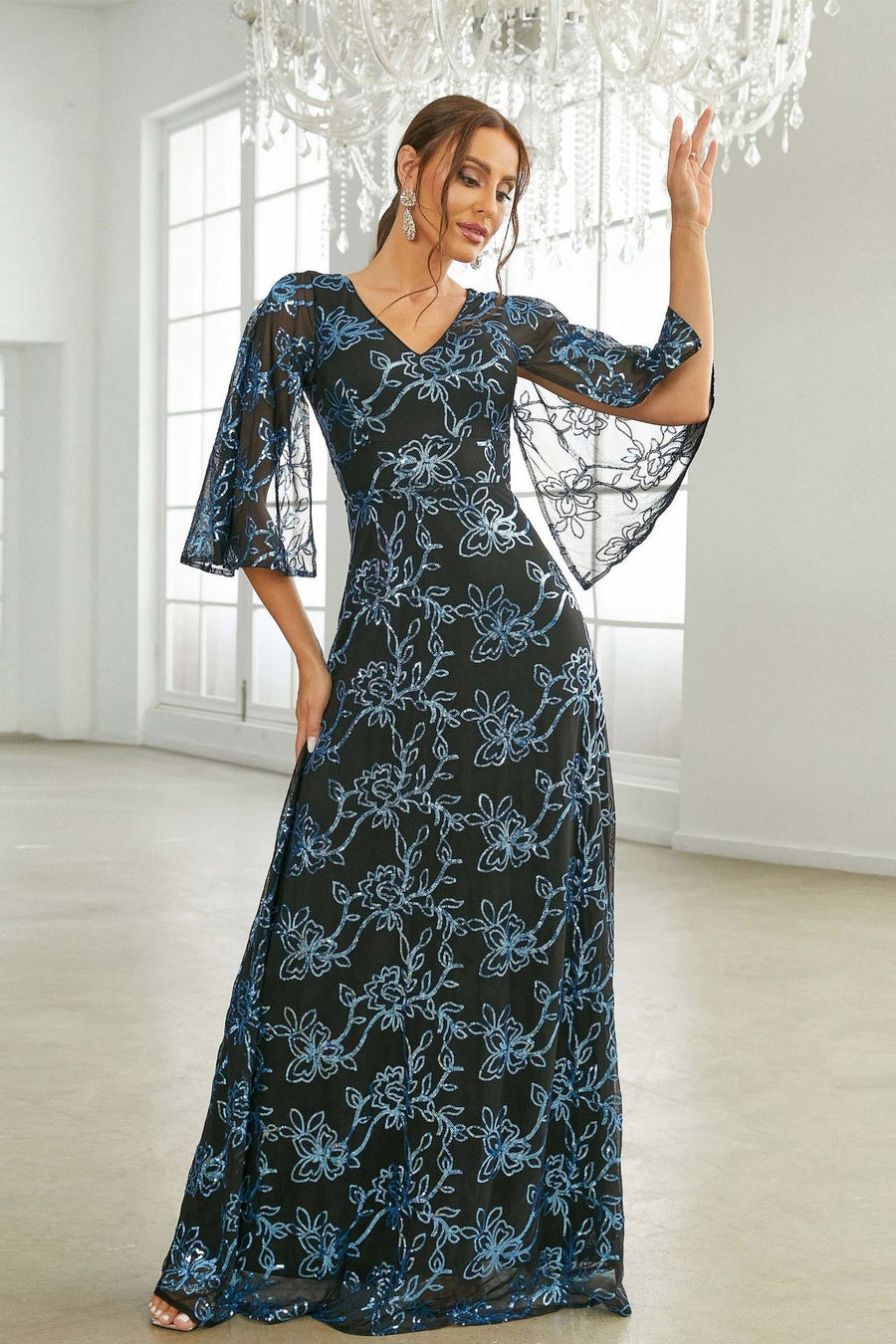 V-Neck Quarter Sleeves A-Line Floor-Length Chiffon Party Prom Dress