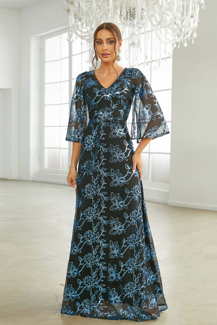 V-Neck Quarter Sleeves A-Line Floor-Length Chiffon Party Prom Dress