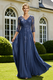 V-Neck Quarter Sleeves Lace Appliques Tulle A-Line Mother Of The Bride Dress