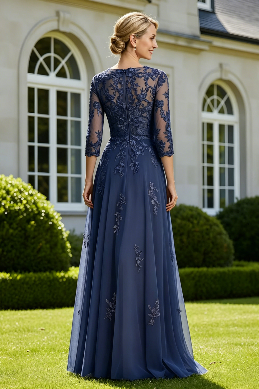 V-Neck Quarter Sleeves Lace Appliques Tulle A-Line Mother Of The Bride Dress