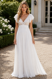 V-Neck Ruffle Straps A-Line Empire Lace And Chiffon Summer Wedding Dress