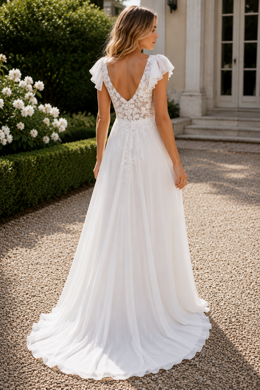 V-Neck Ruffle Straps A-Line Empire Lace And Chiffon Summer Wedding Dress