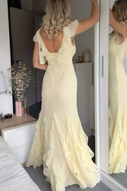 V-Neck Ruffle Straps Open Back Chiffon Ruffle Party Prom Dress 