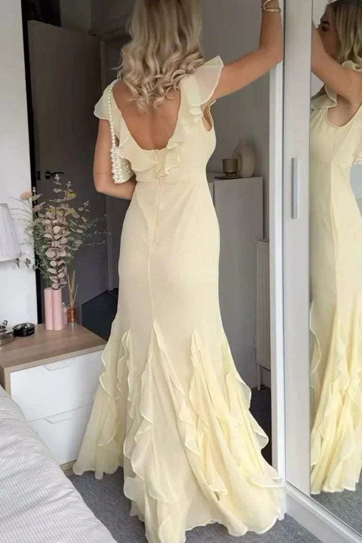 V-Neck Ruffle Straps Open Back Chiffon Ruffle Party Prom Dress 