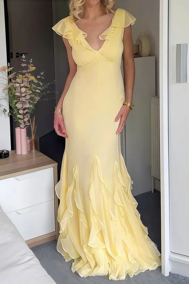 V-Neck Ruffle Straps Open Back Chiffon Ruffle Party Prom Dress 