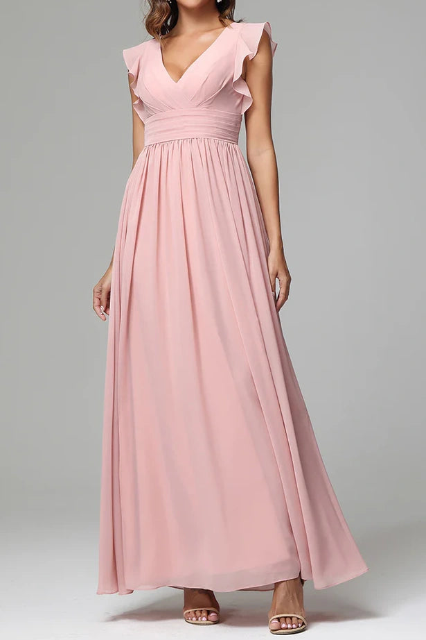 V-Neck Ruffled Empire Chiffon A-Line Bridesmaid Dress