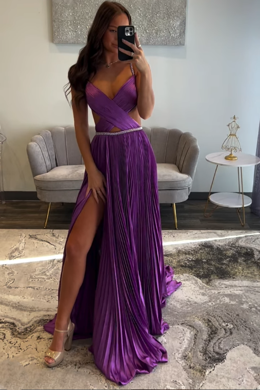 V-Neck Satin A-Line Spaghetti Straps Empire Party Prom Dress