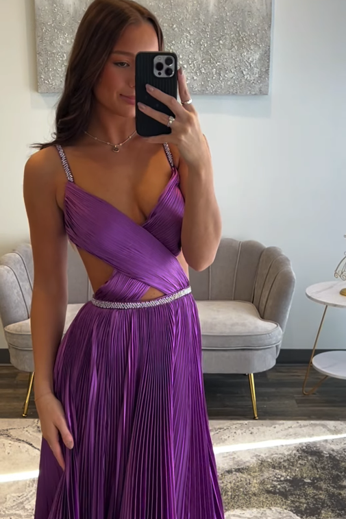 V-Neck Satin A-Line Spaghetti Straps Empire Party Prom Dress