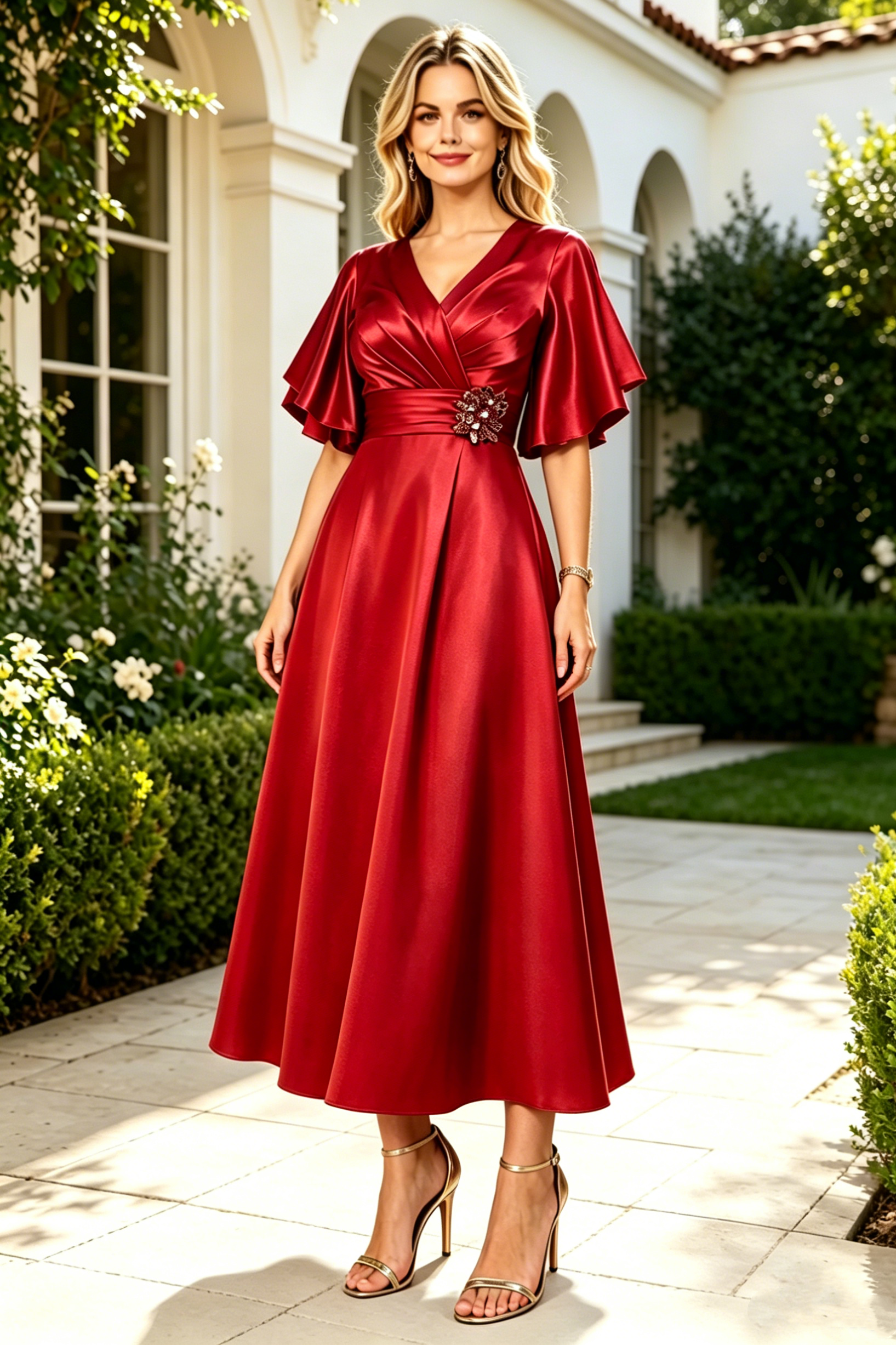 V-Neck Short Sleeves A-Line Empire Midi Mother Of The Bride Dress