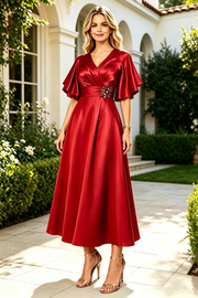 V-Neck Short Sleeves A-Line Empire Midi Mother Of The Bride Dress