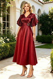 V-Neck Short Sleeves A-Line Empire Midi Mother Of The Bride Dress