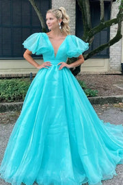 V-Neck Short Sleeves Chiffon A-Line Prom Dress