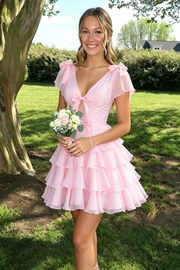 V-Neck Short Sleeves Chiffon A-Line Tiered Homecoming Dress With Bows